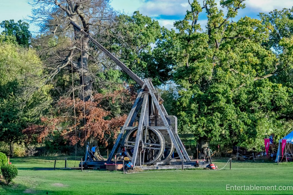 Reconstructed medieval trebuchet at Warwick Castle used to demonstrate siege warfare.