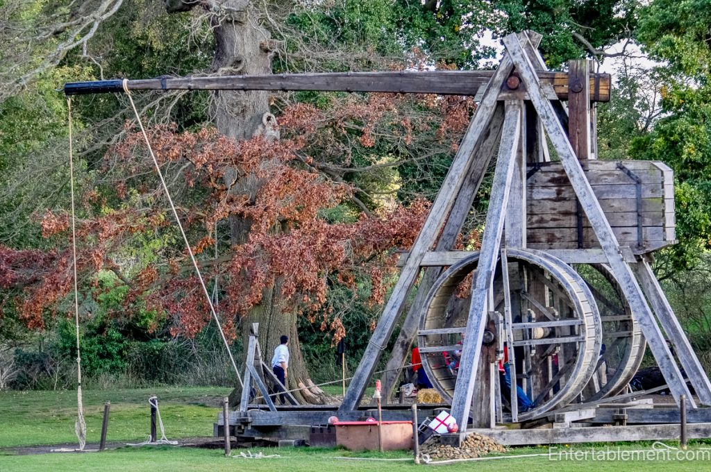 Reconstructed medieval trebuchet at Warwick Castle used to demonstrate siege warfare.