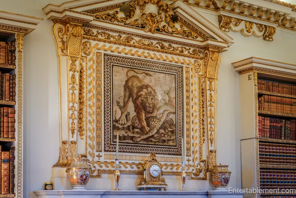 Close detail of lion mosaic in Holkham Hall library inspired by Roman designs