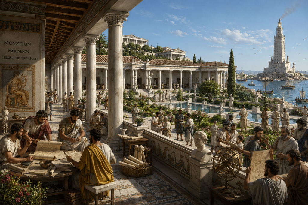 Artist's impression of the Mouseion in ancient Alexandria, with shaded colonnades, gardens and scholars reading, debating and studying together beside the harbour.