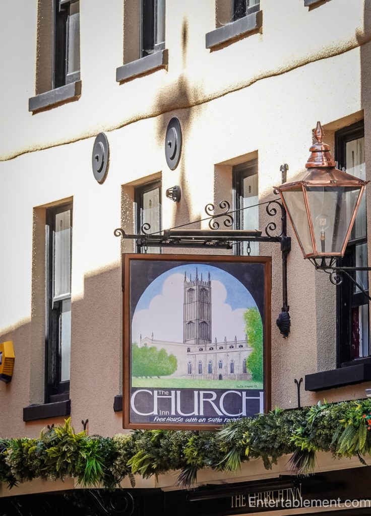 The Church Inn sign depicting St Laurence's Church in Ludlow